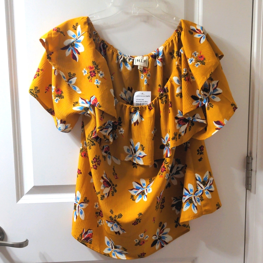 H.I.P. NWT Mustard Floral Women's Large Off the Shoulder Summer Blouse Ruffles